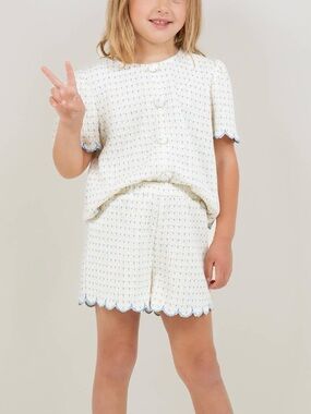 Girls Cream Knit Two-Piece Set with Blue Trim